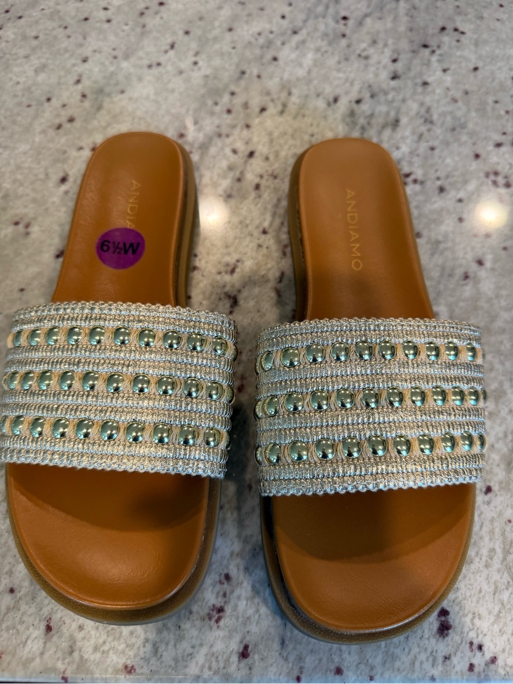 ANDIAMO Women's Embellished Slide Sandals in Tan with Gold Beads